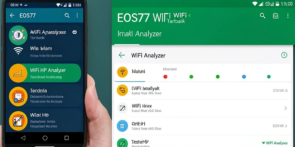 Antarmuka utama aplikasi EOS77 yang menampilkan analisis WiFi dan kecepatan koneksi.