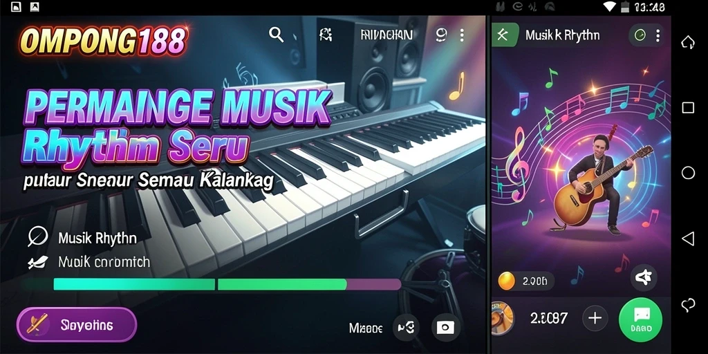 Antarmuka permainan OMPONG188 yang menarik dengan desain Musik Rhythm yang dinamis.