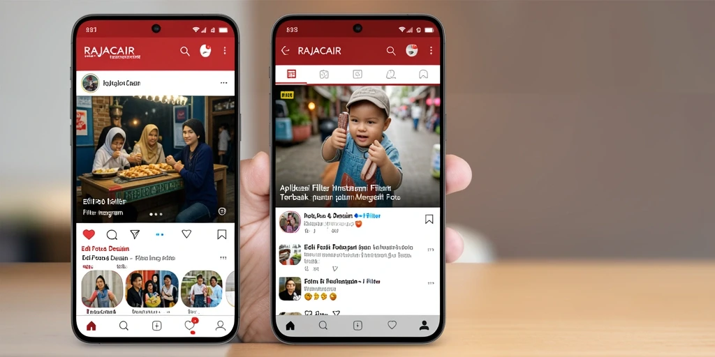 Tampilan antarmuka aplikasi RAJACAIR dengan berbagai filter Instagram.